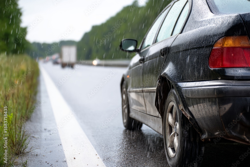 Fototapeta premium Car Stopped on Highway Shoulder During Heavy Rain with Water Droplets Falling