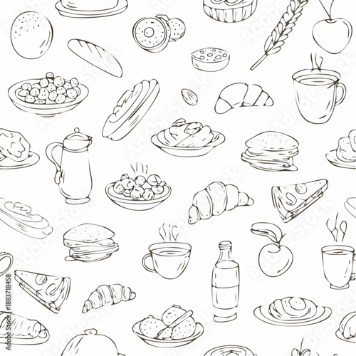 Breakfast food items illustration various pastries bread and drinks seamless pattern.