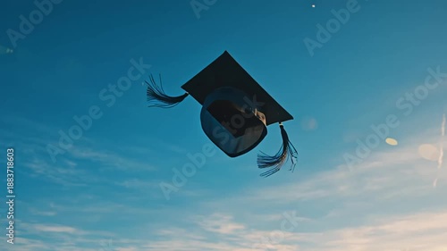 A graduation cap flies through the air against a blue sky with wispy clouds and a bright sun shining in the distance freely