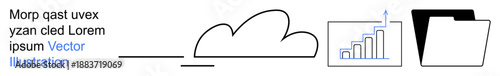 Cloud computing, data management, business analytics, digital storage, technology services, file organization. Cloud icon, bar graph and folder graphic. Cloud computing and data management focus