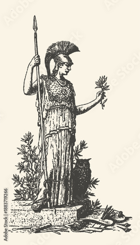 Vintage Engraving Illustration of Athena Greek Goddess of Wisdom and War with Spear, Owl, and Olive Branch, Classical Mythology Art on Aged Paper Background
