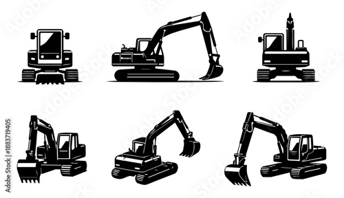 Excavator Icon Set – Black Construction Digger from Multiple Views (Front, Side, Rear, Top, Isometric)