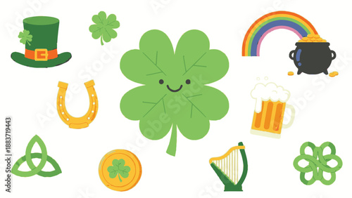 A vibrant collection of St. Patrick's Day symbols and icons, including a smiling four-leaf clover, arranged in a flat lay on a transparent background, viewed from directly above.