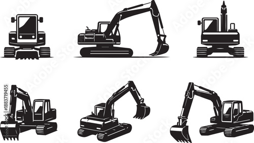 Excavator Icon Set – Black Construction Digger from Multiple Views (Front, Side, Rear, Top, Isometric)