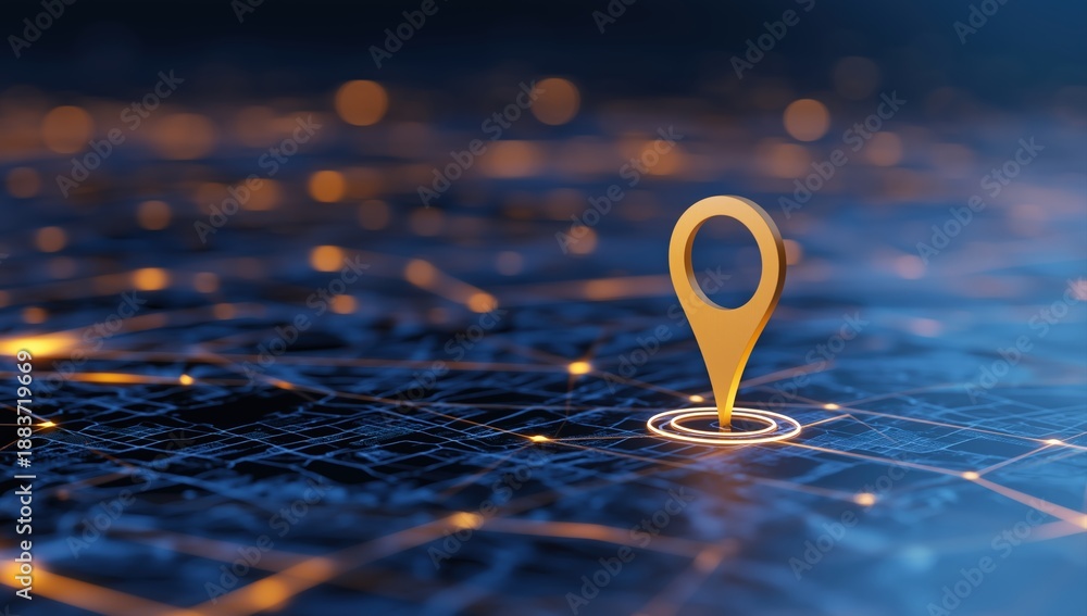 Obraz premium Golden map pin indicating a precise location on a blue abstract digital network with glowing lines and points