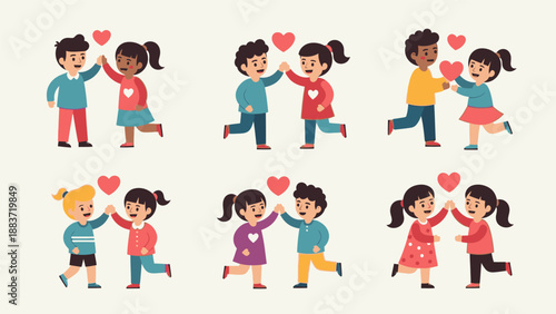 Diverse children in playful, loving interactions and heartwarming moments together in a vibrant, animated scene.