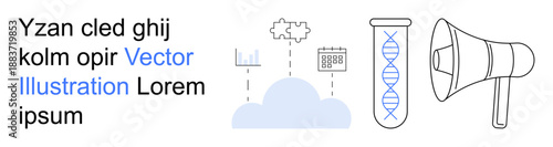Cloud computing, data analysis, scientific research, biotechnology, media outreach, digital transformation. A cloud, lab test tube megaphone and data visuals . Cloud computing and data analysis