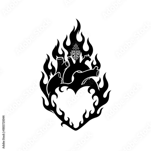 Black Flaming Heart with Dragon Illustration.