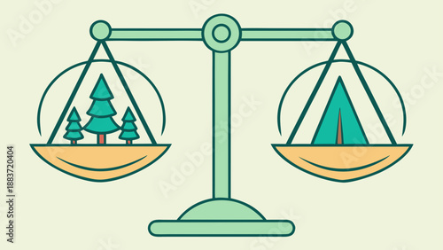 Balance scale comparing trees and a tent weighing comparison
