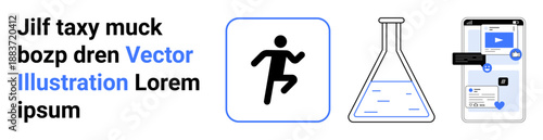 Fitness, healthcare, education, technology, user interface, science concepts. A running icon, a laboratory flask and a smartphone with UI elements. Fitness and healthcare conceptual