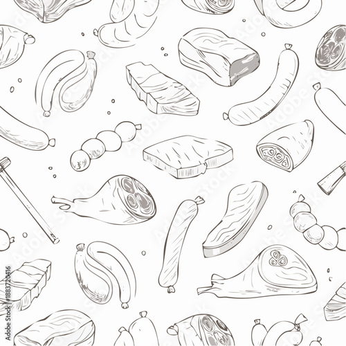 Hand Drawn Seamless Pattern of Various Meat Products and Sausages.