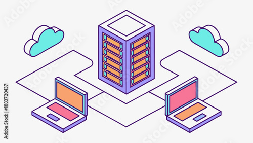 Isometric Server Room with Laptops and Clouds computer