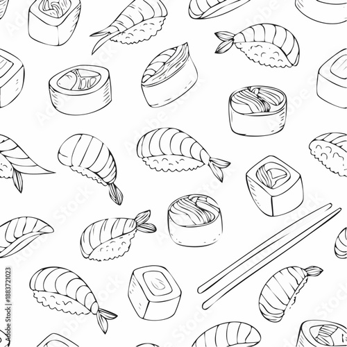 Hand Drawn Sushi and Rolls Seamless Pattern Illustration.