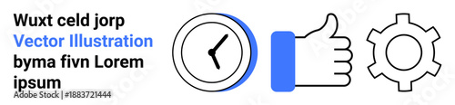 Clock icon for time, thumbs-up symbol for approval, and gear for settings. Ideal for productivity, management, decision-making, workflow, app features, schedules simple landing page