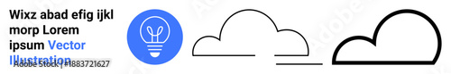 Innovation, creativity, cloud storage, brainstorming, minimalism, digital design. Combination of a blue light bulb and stylized cloud outlines. Innovation and creativity concept