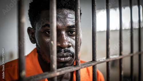 Man Behind Bars in Prison Cell.