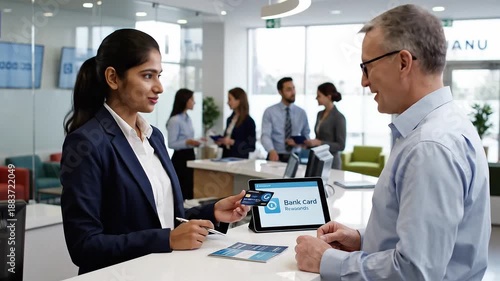 A friendly financial advisor delivers a new bank card to a satisfied senior male client, shaking hands in a bright bank office. Ideal for banking, customer service, or financial success concepts