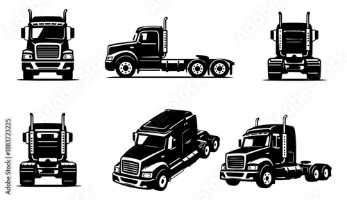 Semi Truck Icon Set – Black Tractor Unit from Multiple Views (Front, Side, Rear, Top, Isometric)