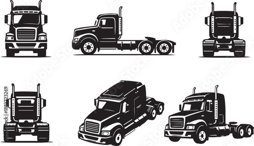 Semi Truck Icon Set – Black Tractor Unit from Multiple Views (Front, Side, Rear, Top, Isometric)