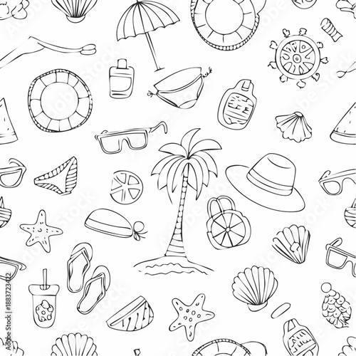 Handdrawn summer beach vacation doodles seamless pattern.