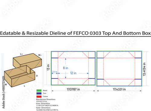 Editable and Resizable Dieline of F E F C O 0303 and Bottom Box with Dimensions