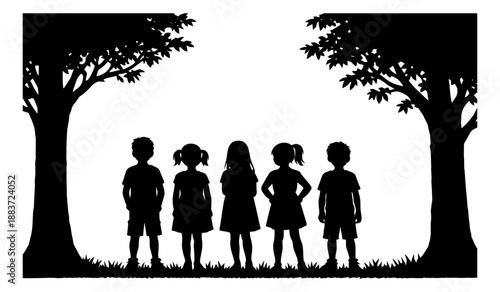 Silhouette children group set featuring five boys and girls standing under trees for outdoor activities