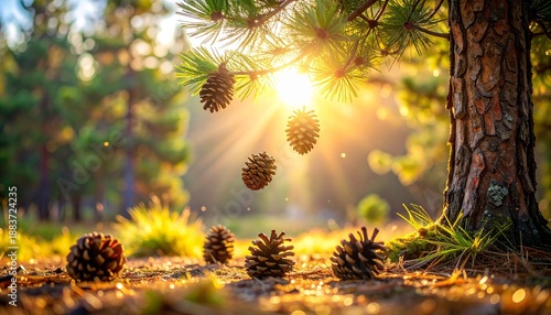 Sunlit Forest Floor - Pine Cones and Sunlight Filtering Through Trees.