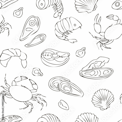 Seamless black and white seafood pattern line art illustration.