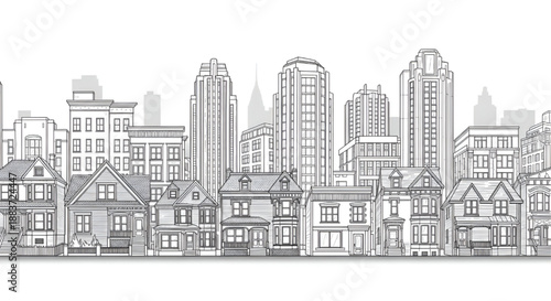 Illustration of diverse architectural styles in a row of houses from a frontal viewpoint
