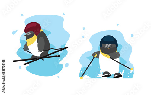 Alpine Skiing Penguin Cartoon Character Winter Sport Set