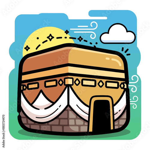 A stylized illustration of the Kaaba in Mecca, Saudi Arabia, under a sunny sky with clouds and wind.