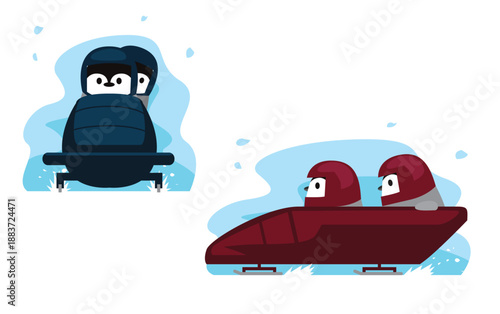 Bobsleigh Penguin Cartoon Character Winter Sport Set