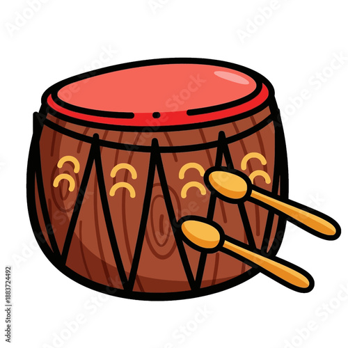 A cartoon illustration of a traditional wooden drum with two drumsticks, showcasing its intricate design and vibrant red top.