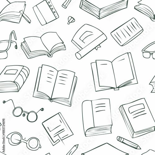Seamless Pattern of Books and Glasses in Outline Style.