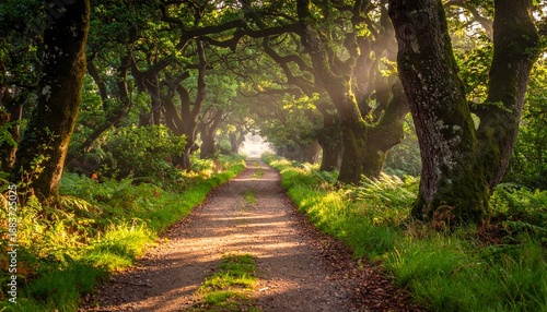Sunlit Forest Path - A Serene Journey Through Lush Greenery and Towering Trees.