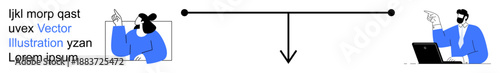 Technology, communication, human interaction, teamwork, social networking, virtual meetings. Two individuals pointing while connected through a central node. Technology and communication concept