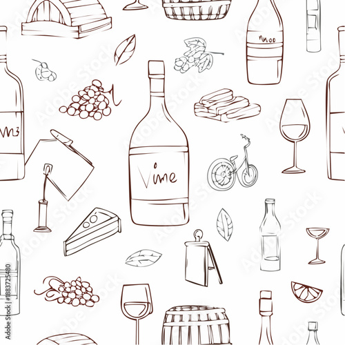 Seamless pattern of hand drawn wine and winery elements.