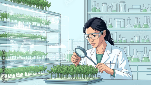 Female scientist examining plants with magnifying glass in lab