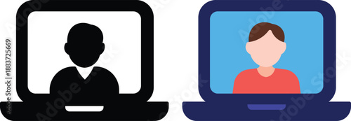 E-learning visual set combining silhouette and flat elements of laptop with educator avatar