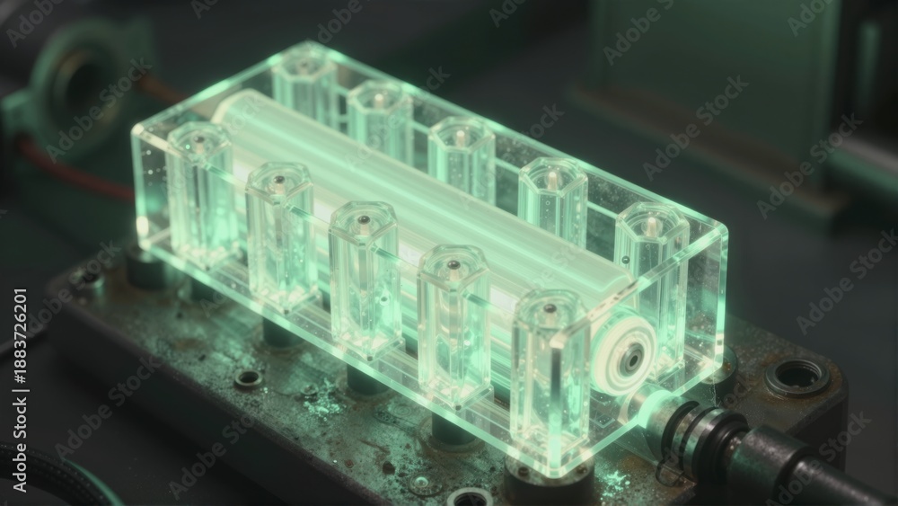 Fototapeta premium Close up view of a scientific device with glowing elements within a clear casing