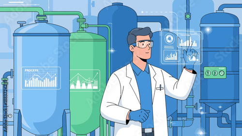 Scientist in laboratory with industrial equipment and data screens