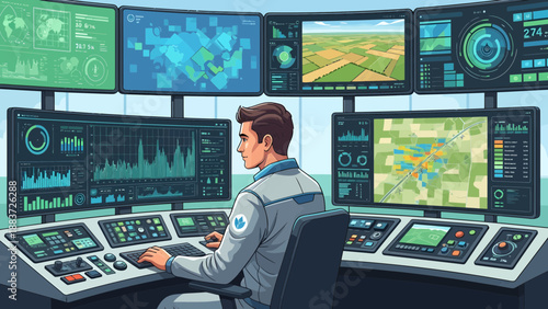 Technologist in Control Room with Multiple Monitors