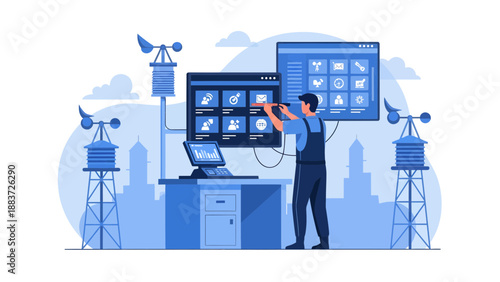 Technologist interacting with large screen displays