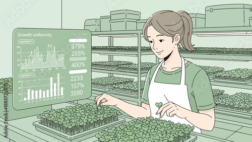 Woman Tending to Plants in Greenhouse with Growth Uniformity Data
