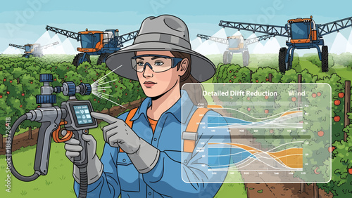 Woman using modern agricultural technology in orchard