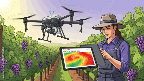 Woman using drone technology for precision agriculture and vineyard management