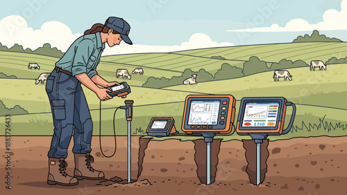 Woman using technology to monitor soil conditions in a rural field
