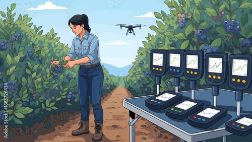Woman using technology to monitor blueberry farm with drone
