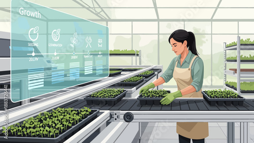 Woman working in a high-tech greenhouse with seedlings