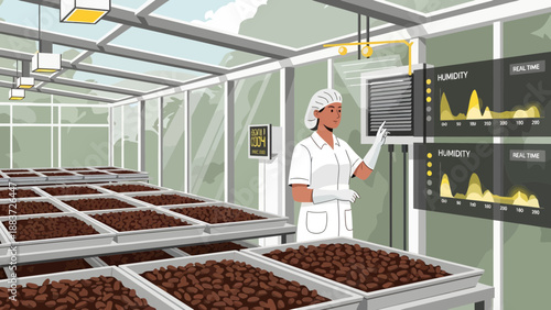 Worker monitoring plant growth in a controlled greenhouse environment